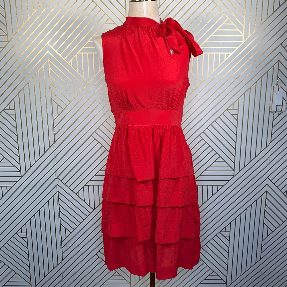 Anthropologie Red Tiered Bow-Neck Dress